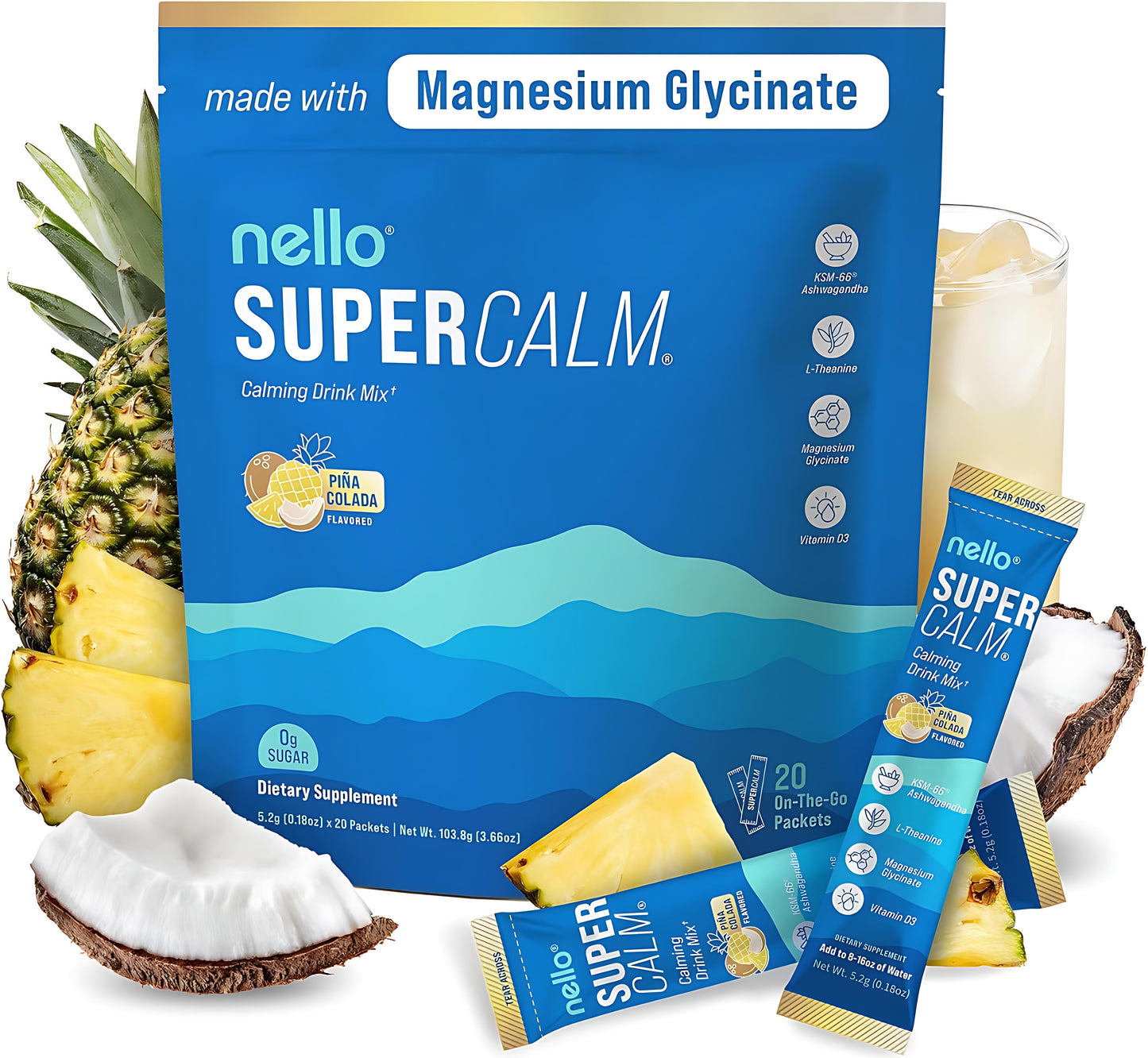 Supercalm Powdered Drink Mix, Raspberry Lemonade, L Theanine, Ksm-66 Ashwagandha, Magnesium Glycinate, Vitamin D 3, Supplements for Relaxation & Focus, No Sugar, Non GMO, On The Go(20 Servings)