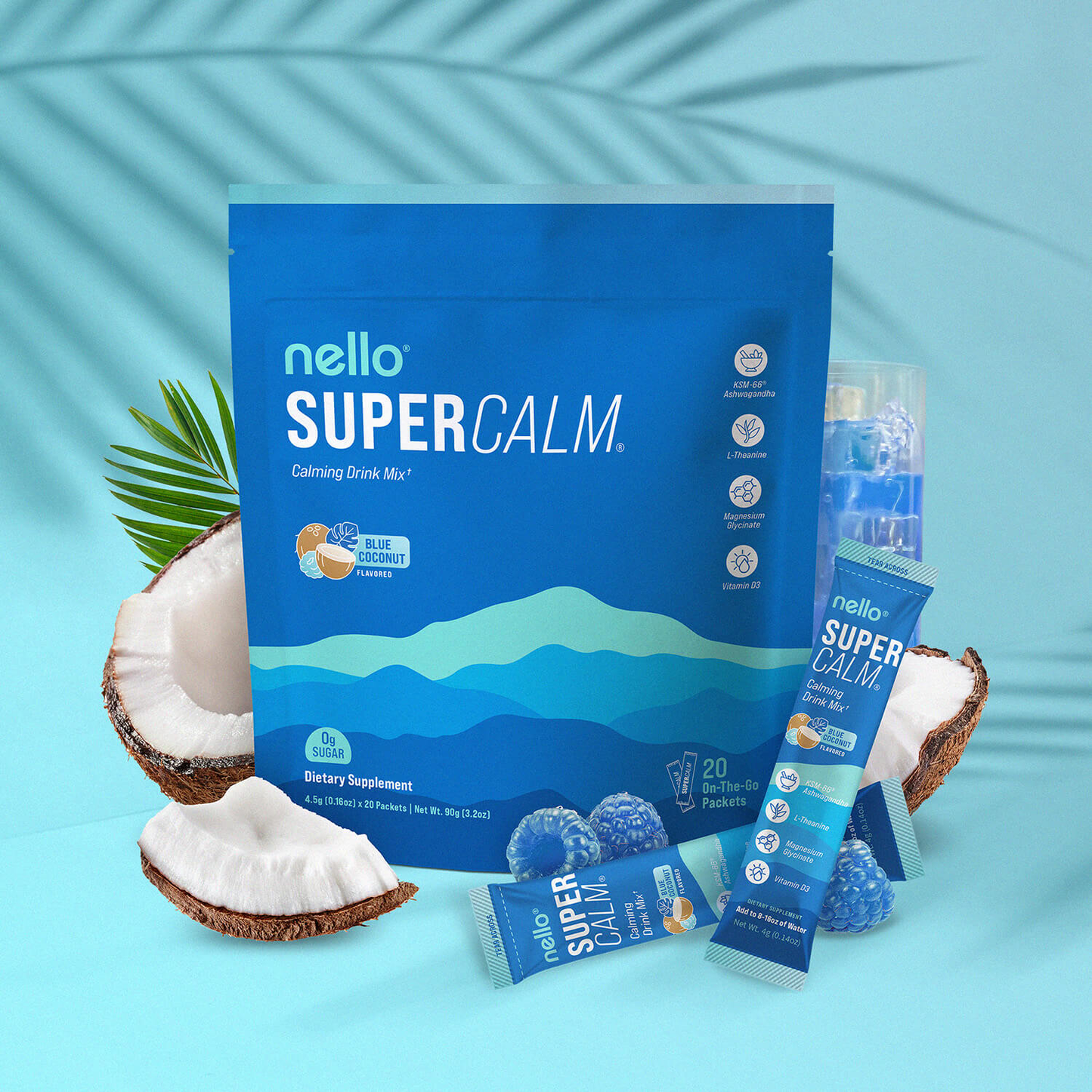 Supercalm Powdered Drink Mix, Raspberry Lemonade, L Theanine, Ksm-66 Ashwagandha, Magnesium Glycinate, Vitamin D 3, Supplements for Relaxation & Focus, No Sugar, Non GMO, On The Go(20 Servings)